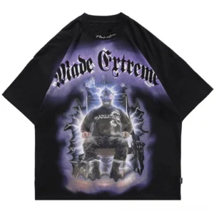 Black gothic lightning graphic t-shirt back view flat lay - baggy oversized fit streetwear