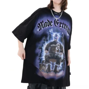 Gothic lightning oversized graphic tee in black - front view on female model showcasing dark aesthetic streetwear design