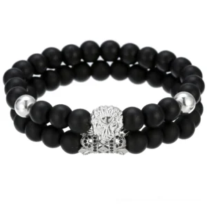 Silver gothic lion head beaded bracelet with double-strand design, matte black lava stone beads, silver lion charm with crown detail, and zirconia crystal accents