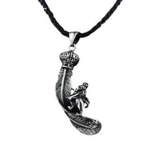 Lion crown feather stainless steel gothic pendant with black braided cord, overhead view on white background, vintage silver-toned metal with intricate carved details