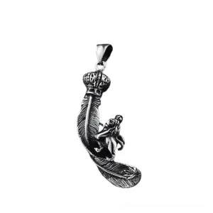 Gothic lion crowned feather pendant side profile view, stainless steel vintage finish, detailed heraldic design and ornate feather carving