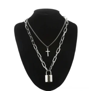 Double-layered gothic chain necklace with silver lock and cross pendants on black mannequin, front view