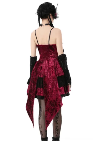 Back full view of gothic Lolita dress showcasing asymmetrical high-low hem, spaghetti straps, and shirred back panel detail