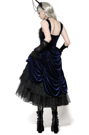 Gothic Lolita dress back view showing open back panel with shirring and tiered ruffled lace skirt detail