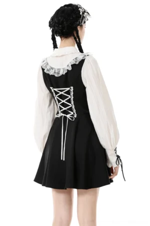 Gothic lolita dress back view showing lace-up corset back with satin ribbon, adjustable waist cinching, and twin-braided model