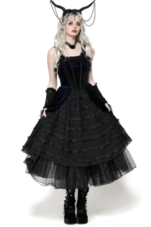 Black and navy Gothic Lolita dress front view on model wearing silver horn headdress, featuring corset bodice and layered ruffled lace skirt