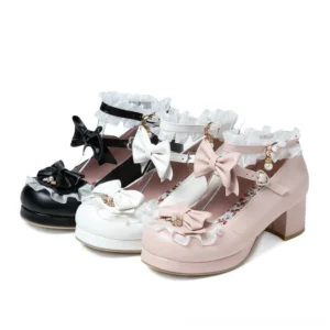 Multi-color gothic lolita Mary Jane sandals with bow trims and ruffled ankle straps, flat lay display