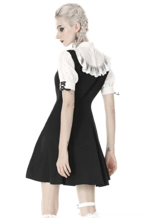 Gothic Lolita dress side back view showing fitted silhouette and lace shoulder yoke detail