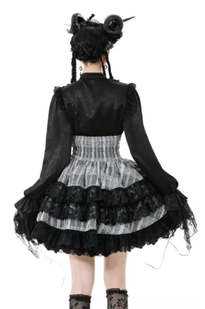 Back view of black gray Lolita tiered lace skirt with layered ruffles and puff sleeve blouse