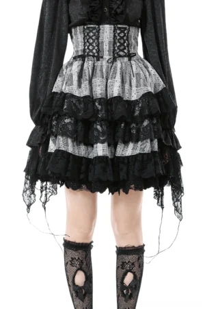 Black and gray gothic Lolita high-waist tiered lace skirt with corset lace-up front detail