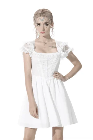 White gothic lolita mini dress front view - square neckline, lace cap sleeves, cross-chest design with pearl beading, fitted bodice, A-line skirt on blonde model