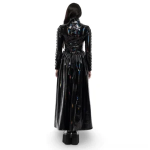 Rear full-body view of holographic gothic long coat on model, revealing corset back design and floor-length skirt, iridescent patent leather finish against white background