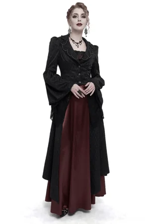 Black beaded flared sleeves gothic long coat front full-length view on model with wine red skirt