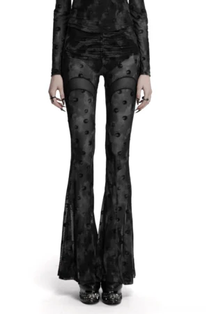 Woman wearing lunar crescent mesh flare pants with pleated waist - front full view showcasing moon print and transparent mesh detail