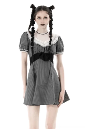 Gothic pinstripe maid dress front view with lace collar and satin waist bow - worn by model with twin braided space buns on white studio background
