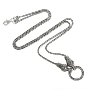S925 sterling silver gothic chain necklace with marcasite stone pendant, oxidized finish, overhead studio view