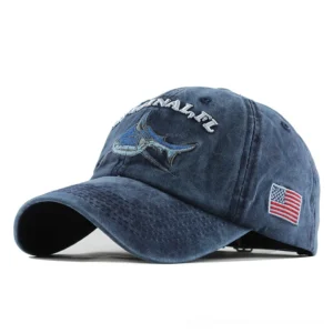 Navy dark marlin embroidered gothic baseball cap front view with distressed washed cotton and US flag patch detail