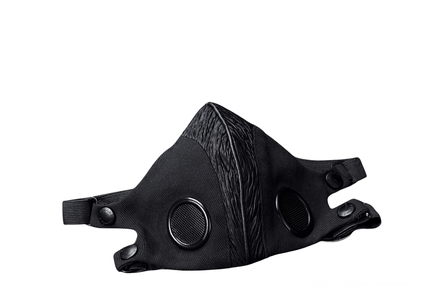 Gothic woven face mask front flat layout showcasing dual filter ports and textured panel design