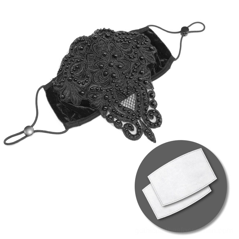 Gothic face mask set flat lay with lace appliqué decoration and spare replacement filters