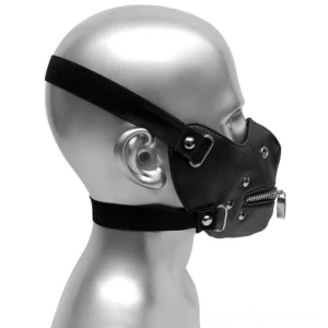 Adjustable gothic face mask right side angle - showing dual elastic straps with metal adjustment buckles and side zipper hardware details