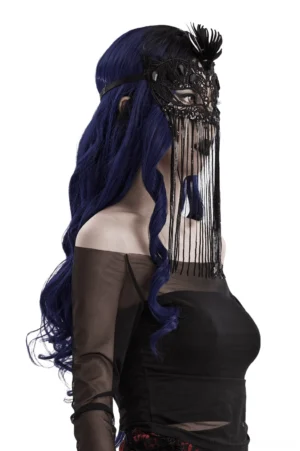 Side profile of black lace gothic mask showing long cascading sequin fringe tassels and feather detail