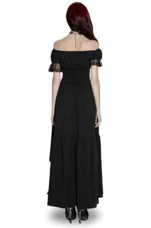 Gothic off-shoulder high-low maxi dress back view showing tiered skirt and exposed back on model