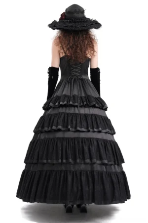 Black gothic tiered maxi dress back view with low back design and layered ruffles
