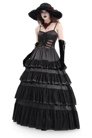 Black gothic lace-up tiered ruffle maxi dress front view on model with white background