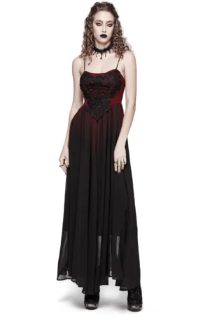 Front view of burgundy black gothic maxi dress with floral lace bodice and ombre chiffon skirt