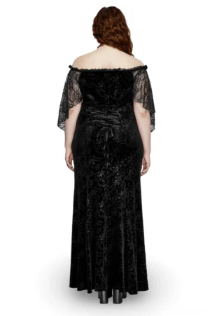 Off-shoulder gothic velvet maxi dress back view, revealing corset-style lace-up closure and sheer lace flutter sleeves on plus-size model