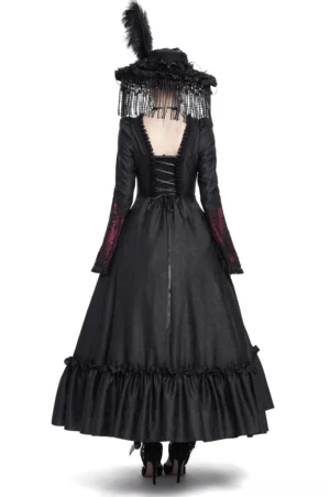 Gothic lace-up back closure detail of black and wine red maxi dress showing intricate lacing and burgundy lace panels