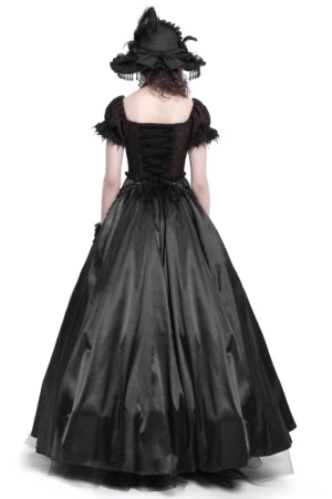 Gothic black maxi dress with lace-up back closure and lace panel design back view