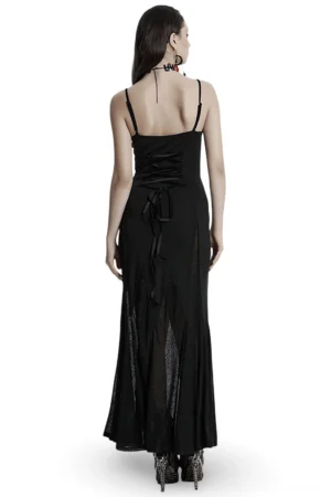 Black gothic maxi dress back view featuring lace-up corset back with satin bow and sheer floor-length spiderweb panels