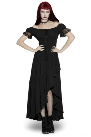 Black cotton jacquard off-shoulder gothic maxi dress front view on model with red hair styling