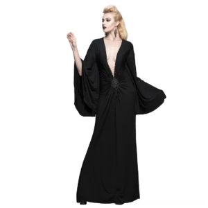 Black gothic long maxi dress with plunging V-neckline and flowing wide sleeves, side front perspective on blonde model