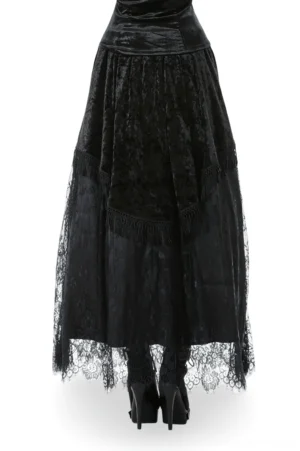 Back view of gothic black velvet maxi skirt showing scalloped lace hem and high-waisted velvet construction on dress form