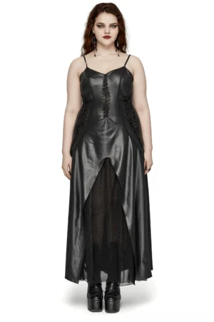 Black gothic maxi slip dress with spaghetti straps and mesh front panel, displayed on plus-size model, front full-body view