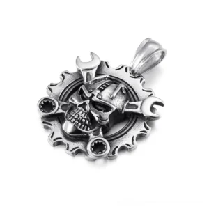 Industrial skull pendant side view - 3D helmeted skull design with intricate wrench details, gothic steampunk necklace side profile