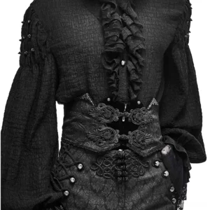Black gothic corset belt with brocade embroidery and ornate buckles, front close-up detail view
