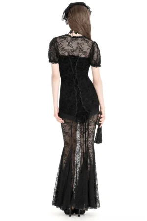 Black gothic mermaid gown featuring lace-up back closure, sheer floral fishtail skirt, and matching gothic hair fascinator, back view
