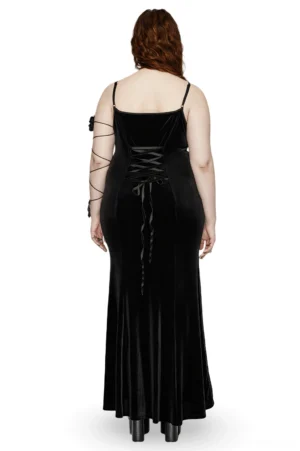 Gothic mermaid evening dress back view showing lace-up corset closure and fishtail silhouette on model