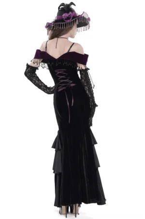 Gothic off-shoulder mermaid dress back view showing dramatic lace-up corset back and ruffled train
