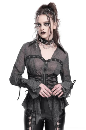 Black gothic mesh blouse with lace-up corset waist and pointed asymmetrical hem - front view on model