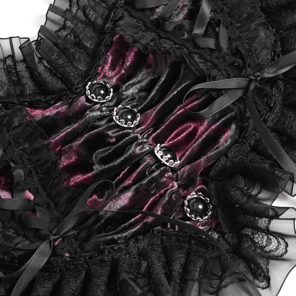 Fitted silhouette view of black mesh gothic bustier crop top showing how the heart-shaped design frames the bust and torso