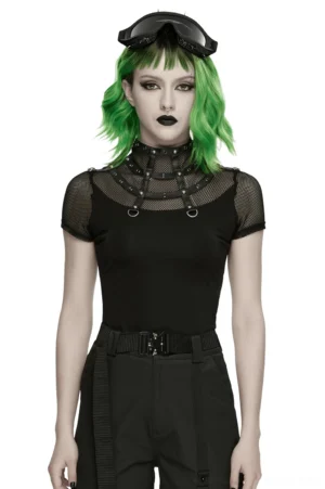 Gothic mesh cage t-shirt front view on model with studded stand collar and mesh sleeves, black fitted tee