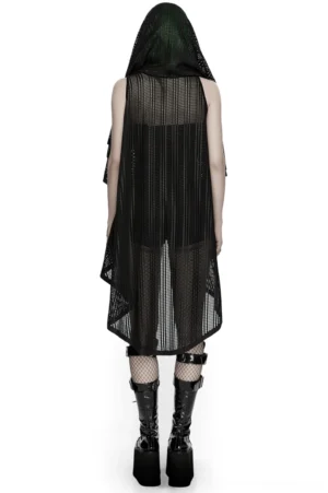 Black hooded mesh gothic cape back view showing sheer striped mesh fabric and fitted waist sash on female model against white background