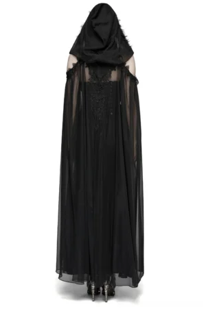 Back view of hooded mesh ritual cloak on mannequin displaying intricate embroidered back panel, sheer mesh fabric, and faux fur hood trim