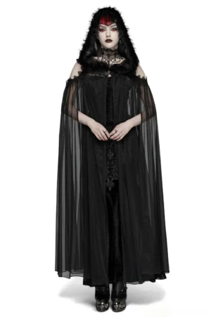 Front view of sheer hooded mesh ritual cloak on model with red hair, showcasing off-shoulder design and ornate lace details against white studio background