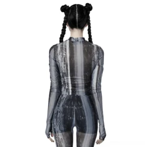 Back full-body view of gothic mesh long sleeve crop top showcasing vertical distressed print pattern and integrated fingerless glove sleeves on model