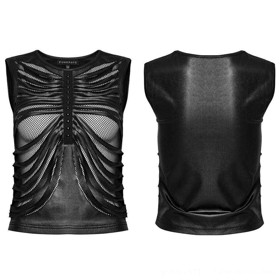 Flat lay front and back of black gothic ribcage crop top showing mesh and leather construction